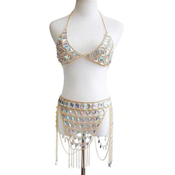 Holographic, Festival, Party, Rave, Club Bikini Bra & Chain Skirt Outfit Set - Picture 1 of 3